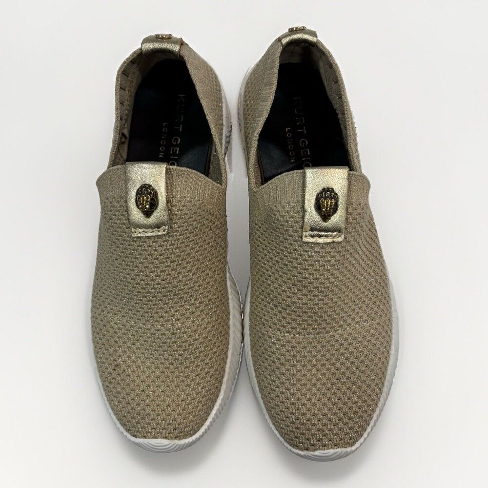 Kurt Geiger Sneakers Womens Size 8.5 EU 39 Lorna Knitted Brass Eagle Head Gold